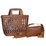Brown Leather Cut-Out Tote Bag and Shoulder Bag Set with Free Box, Scarf, and Key Rings