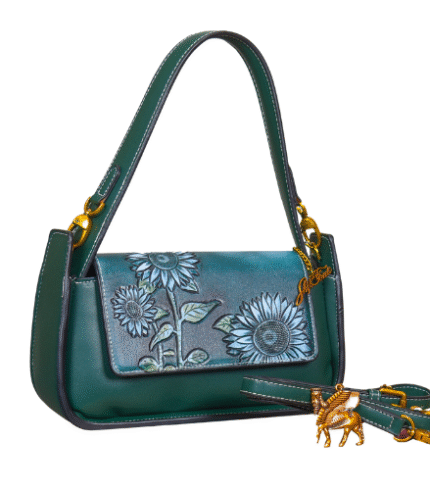Elegant Green Sunflower Embroidered Handbag with Free Gifts