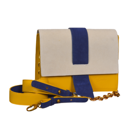 Elegant Structured Crossbody Handbag with Yellow Leather and Turquoise Suede Accent